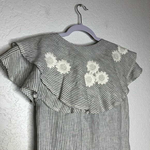Innika Choo white black stripe floral embroidered ruffle linen dress 2 or Medium - Picture 12 of 16